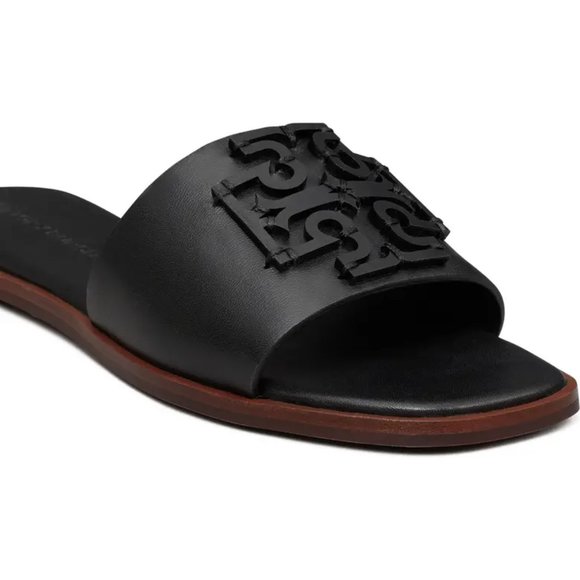 ❤️ NIB Tory Burch Ines Logo Slide Leather Sandal BLACK US 6.5 7.5 8.5 9 9.5 10 - Picture 3 of 14